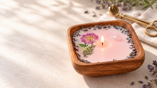 Square wooden soy wax candle with one centered wick and a melted wax pool