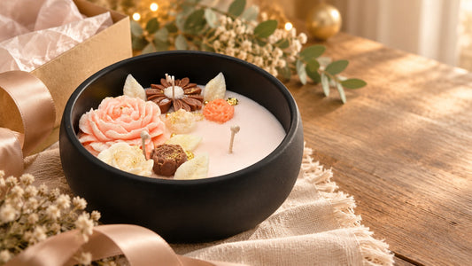 Black acacia wood bowl candle with pink floral wax decorations styled as an elegant gift