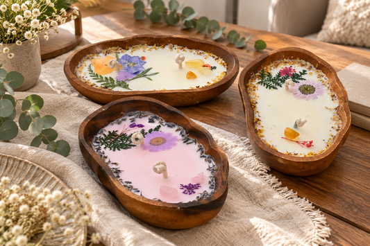 Decorative soy wax candles styled together in a warm home setting