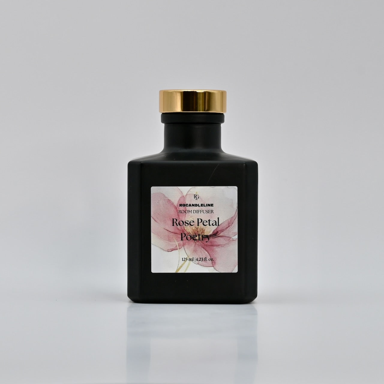 Black bottle with gold cap and floral label on a gray background