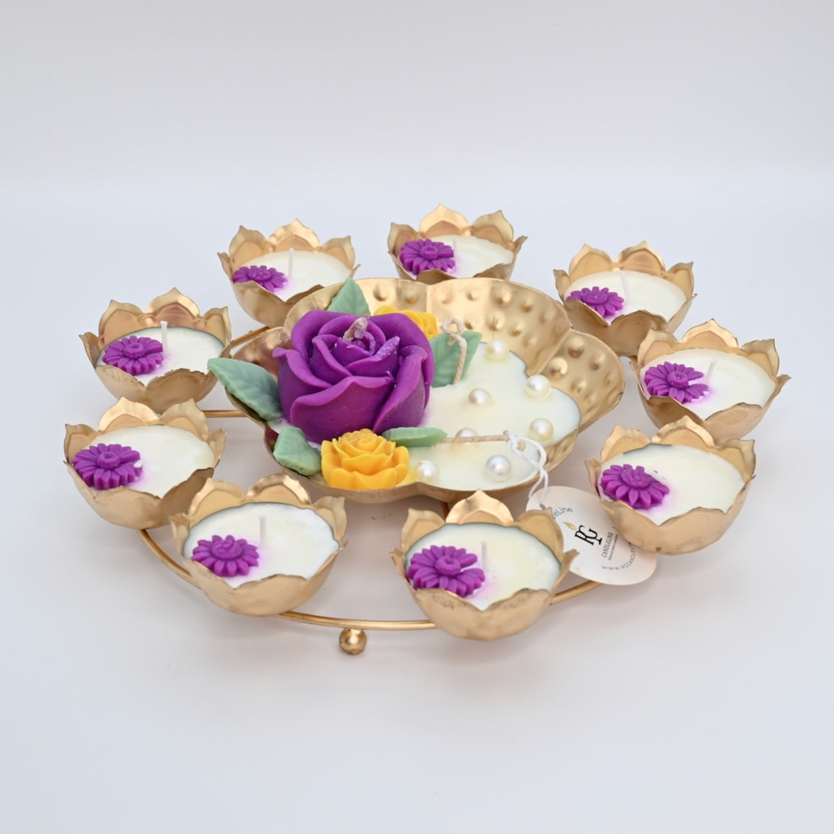Right view of the Purple Rose Rose Garden Metal Urli Candle Arrangement with a raised purple rose centerpiece and surrounding candle cups.