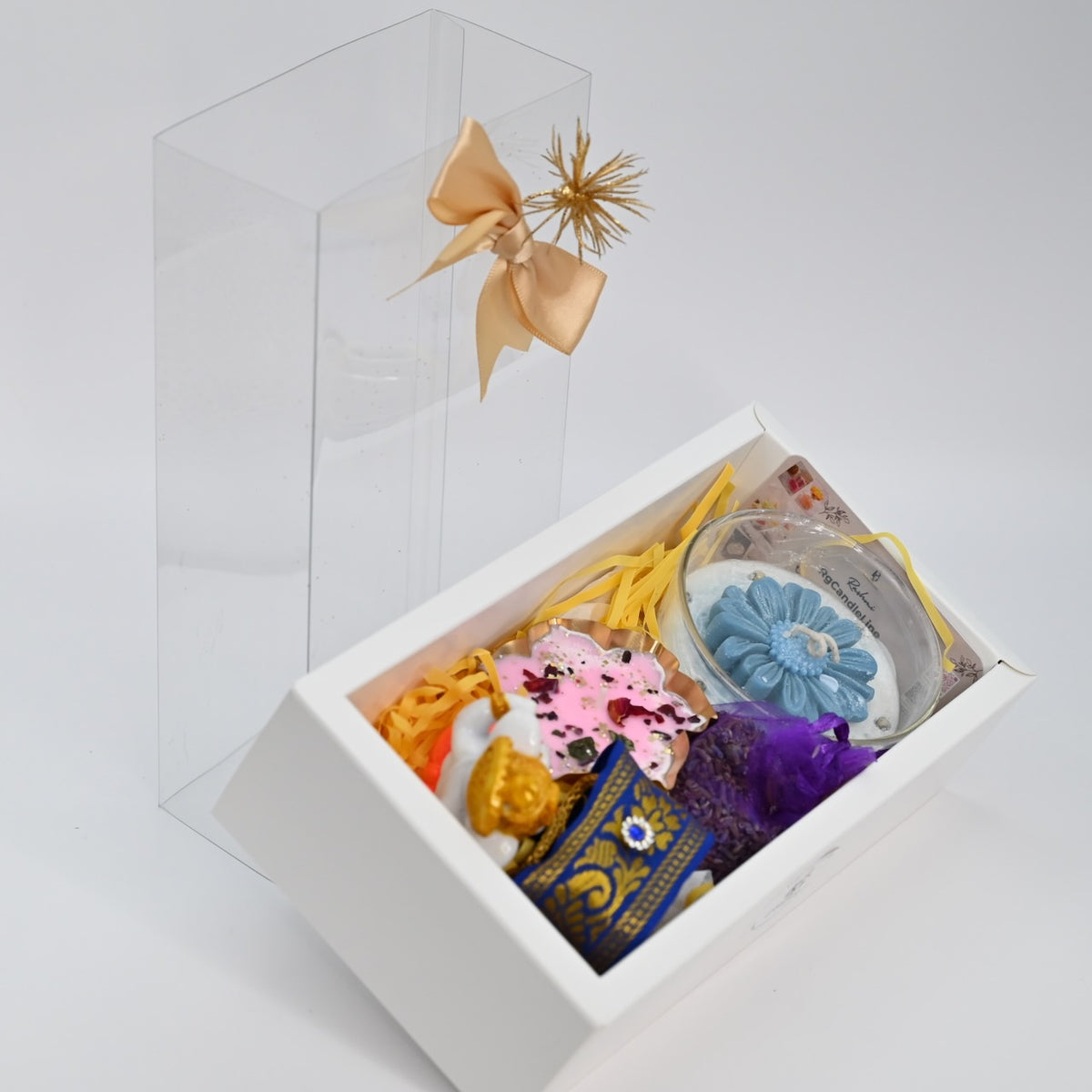 Vertical view of large white gift box with cover for candle gift hamper