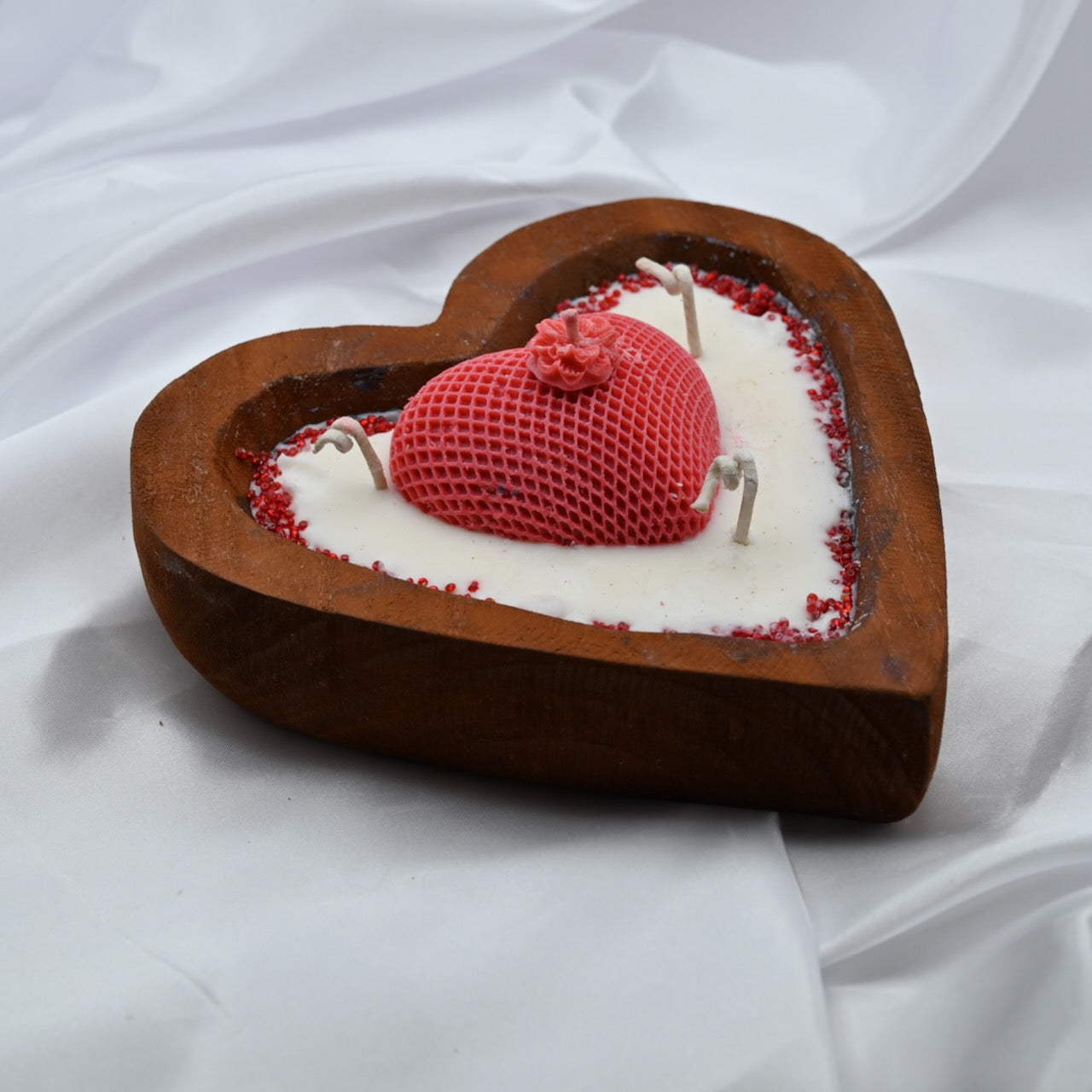 Heart strings luxe red candle in a heart shaped wooden container