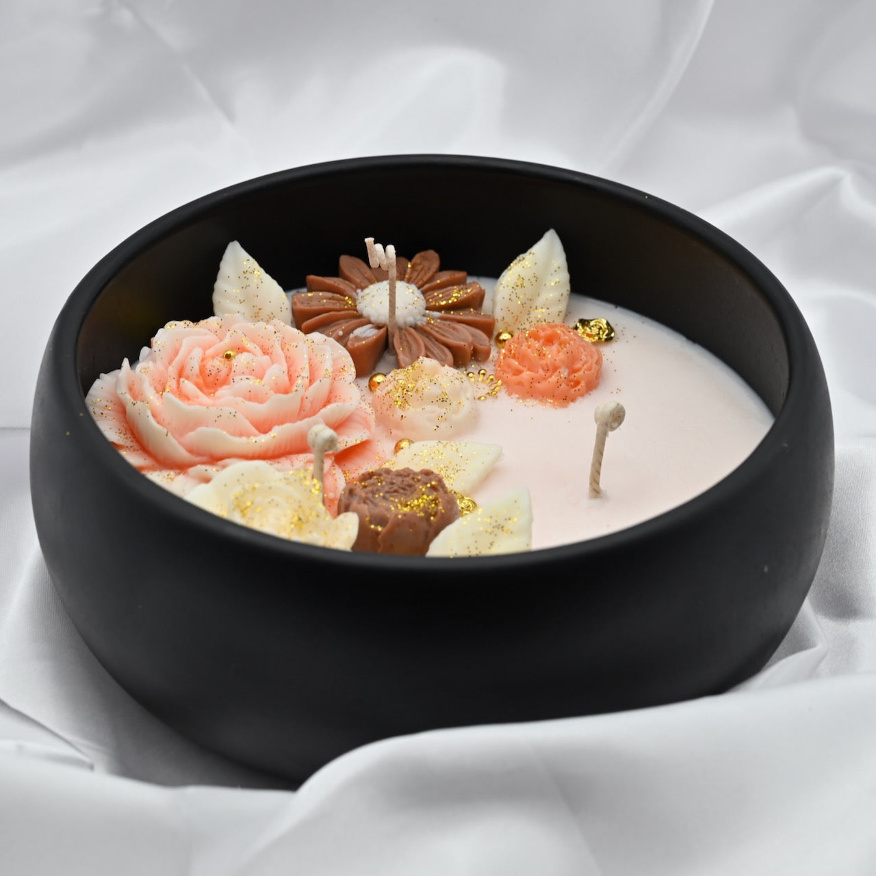 Size view of midnight blue acacia wood bowl candle with handcrafted floral wax design, medium 8 inch decorative soy candle